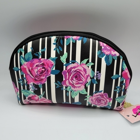Betsy Johnson Luv Betsey Stripe Rose Dome Cosmetic Travel Makeup Bag - Picture 2 of 6